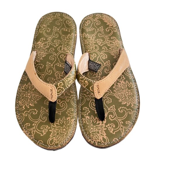 Teva Olowahu Thong Sandals Women’s Size 9 Olive Green Tan Floral Summer Comfort - Picture 3 of 8